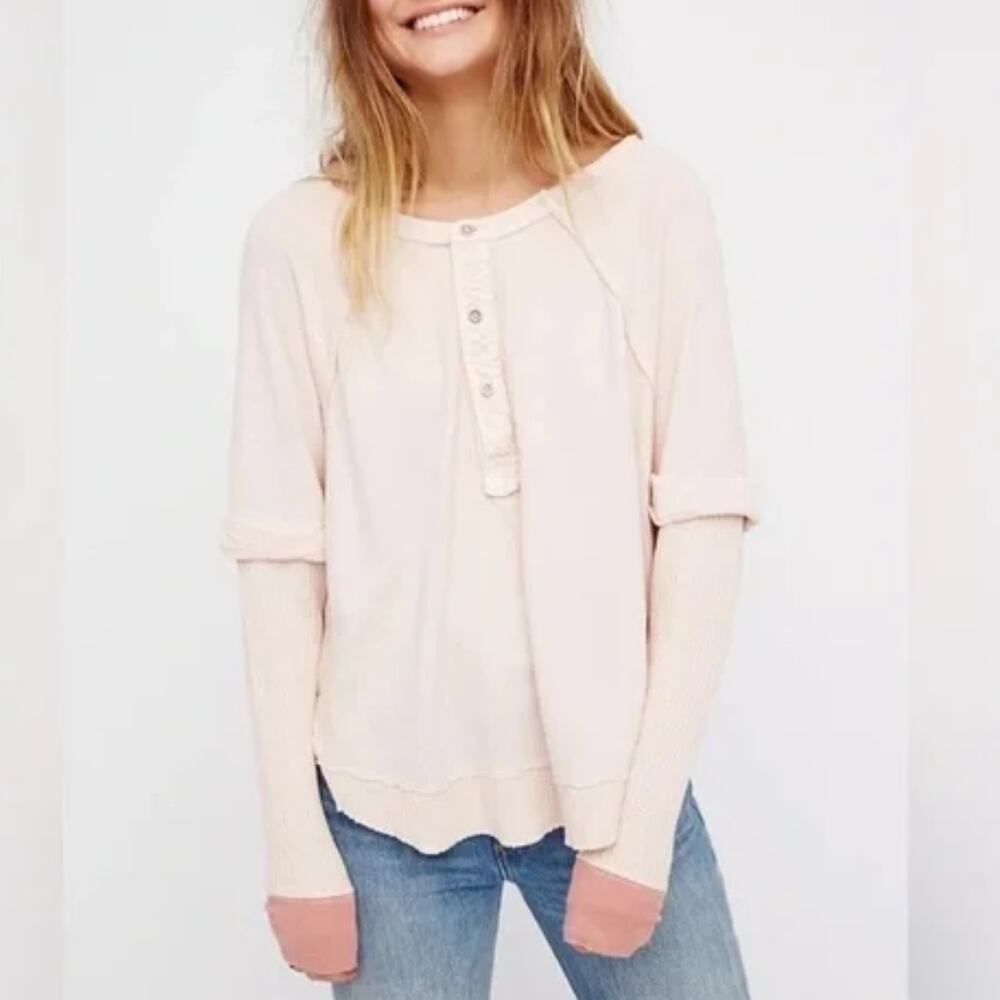 Free People Jaxon Henley Top Womens XS Pink Linen Cotton Oversized Slouchy *FLAW